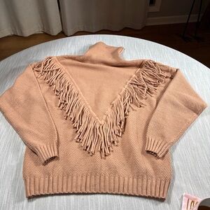 Western Large Copper Color turtleneck fringe front long-sleeve sweater.